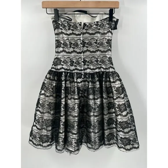 Vintage Y2K Jessica McClintock Gunne Sax Strapless Black White Lace Dress Sz 1 - Picture 5 of 6